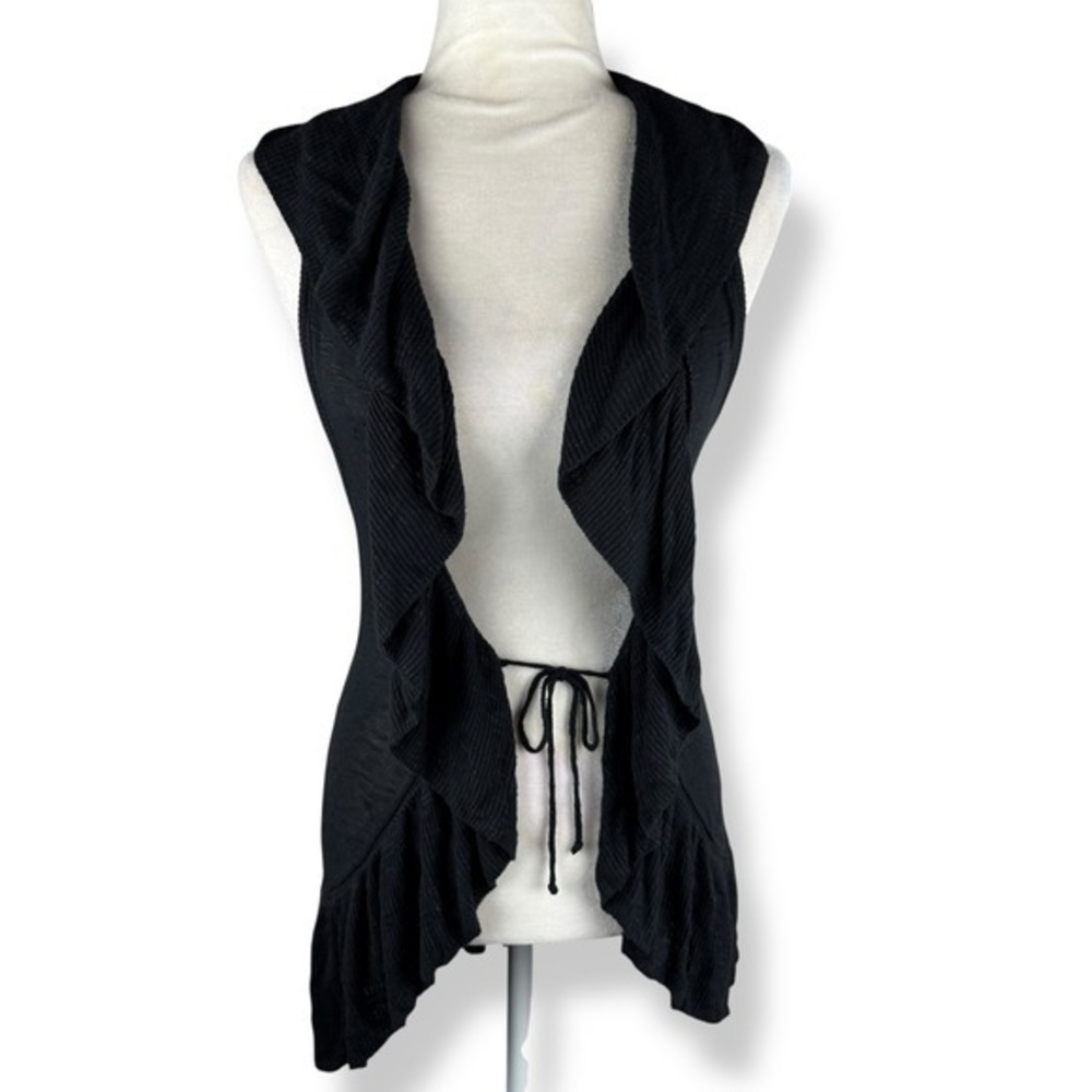 Vanity Black Long Cardigan Sweater Size Large Ruffles Fairy Whimsigoth Knit‎ Y2K